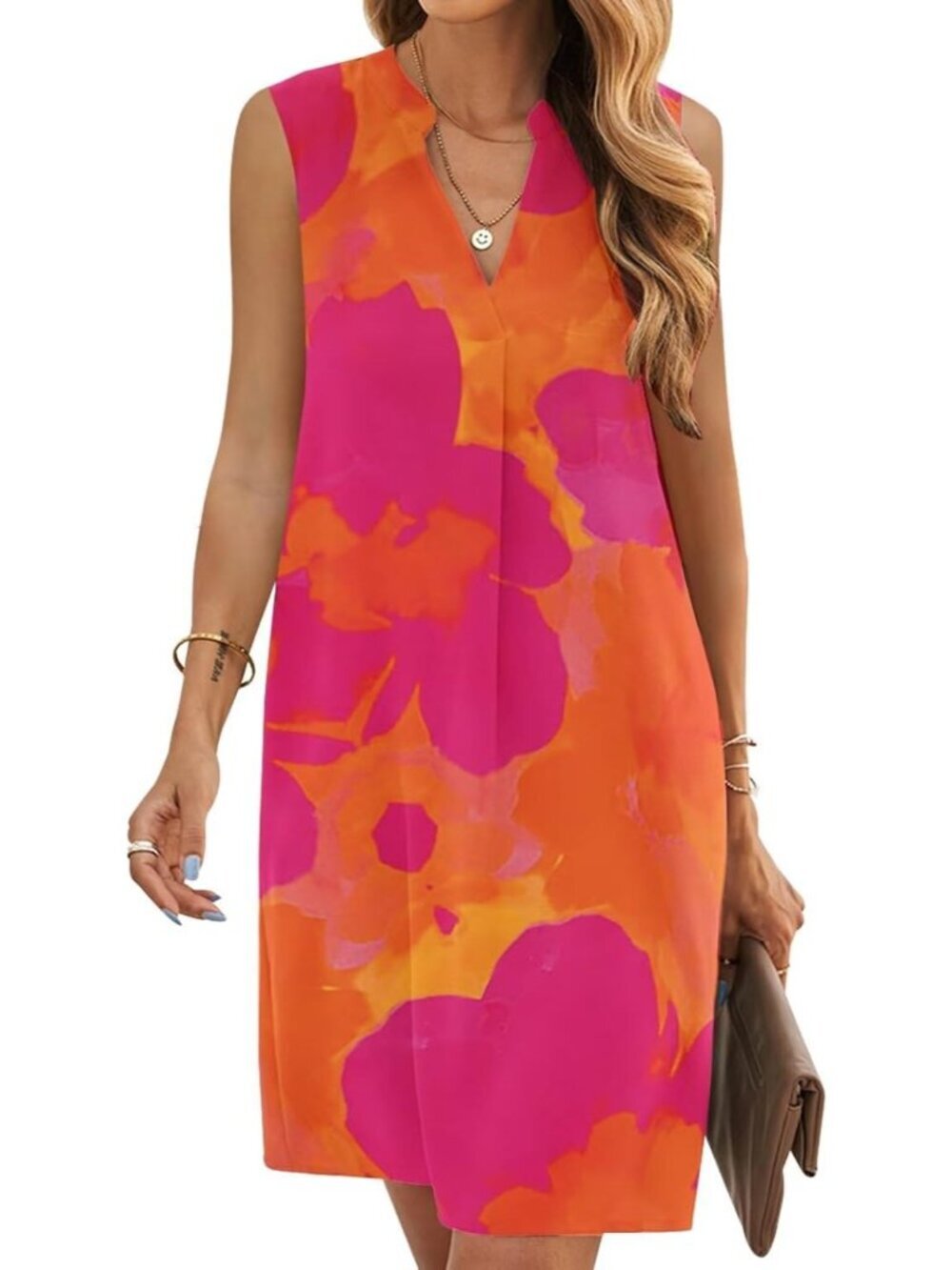 Women's Orange Floral Summer Sleeveless Casual T Shirt Sundresss Shift Dress